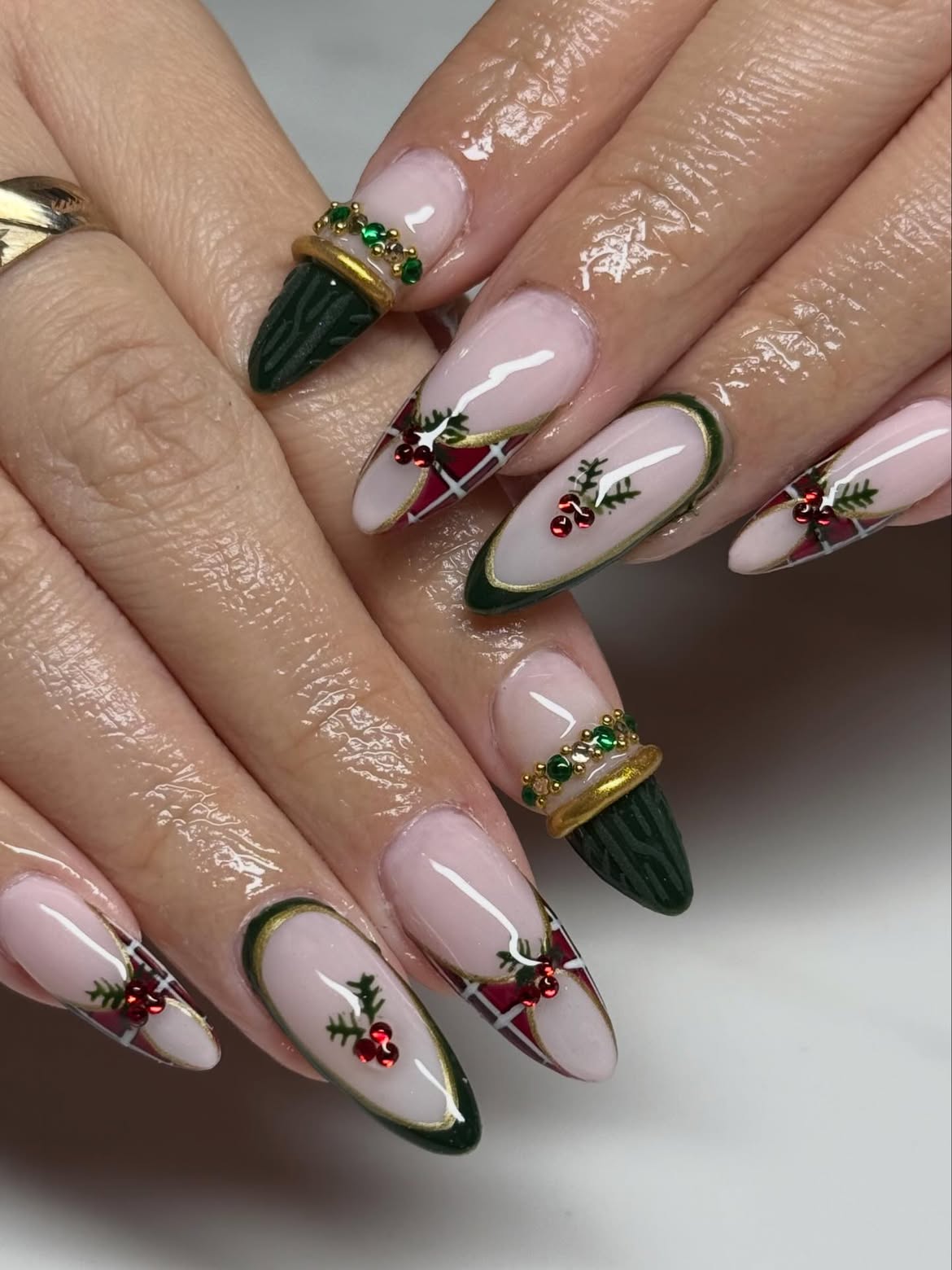 Festive Holly Berry Plaid French Tips