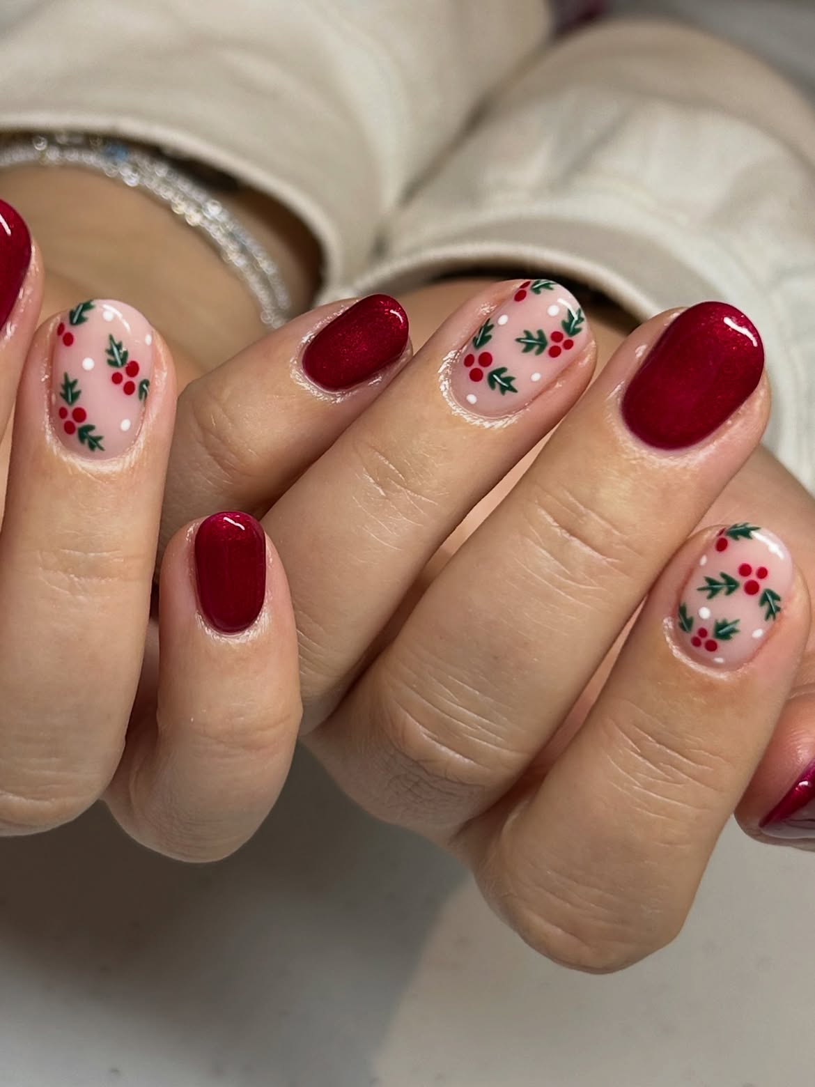Festive Holly Berry & Red Sparkle Nails