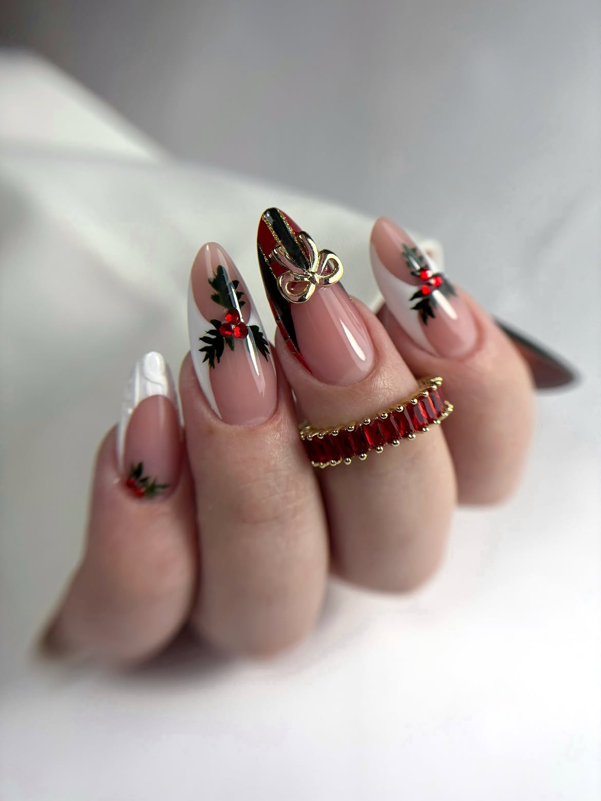Festive Holly French Tips with Gold Bows