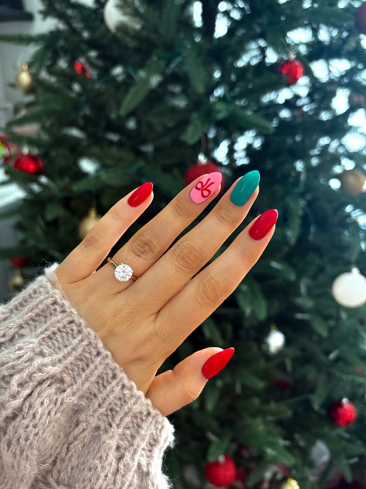 Festive Multi Color Almond Holiday Nails with Bow Art