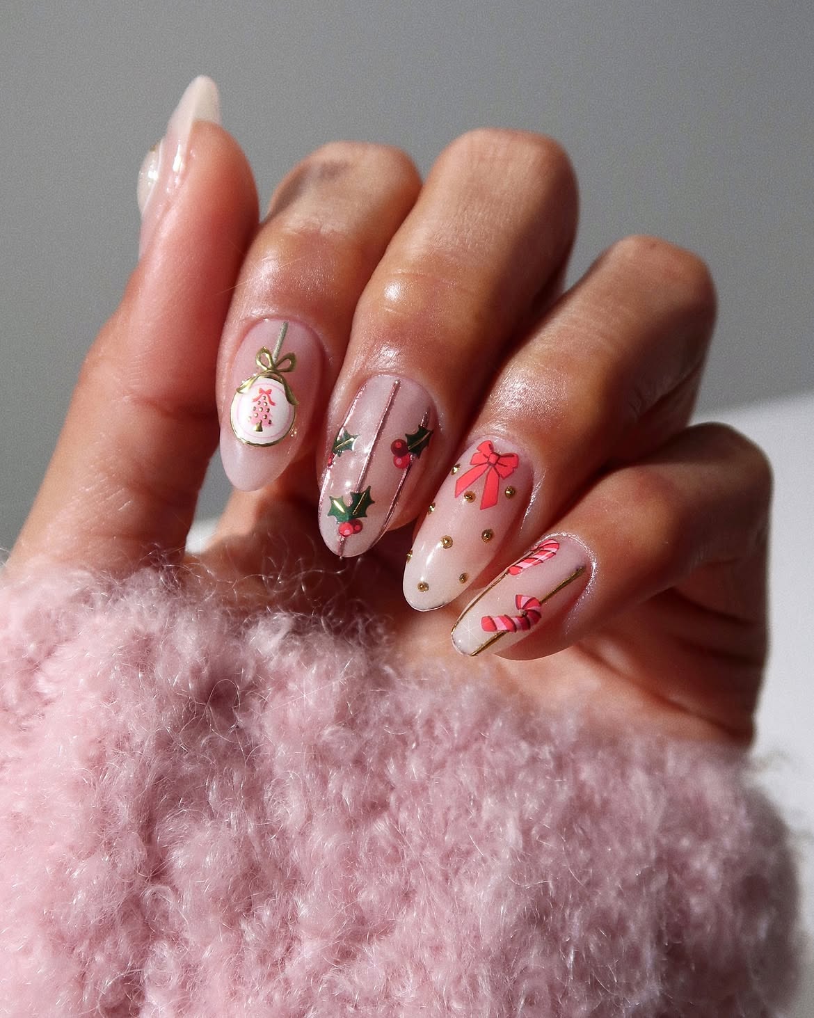 Festive Ornament Art on Almond Christmas Nails