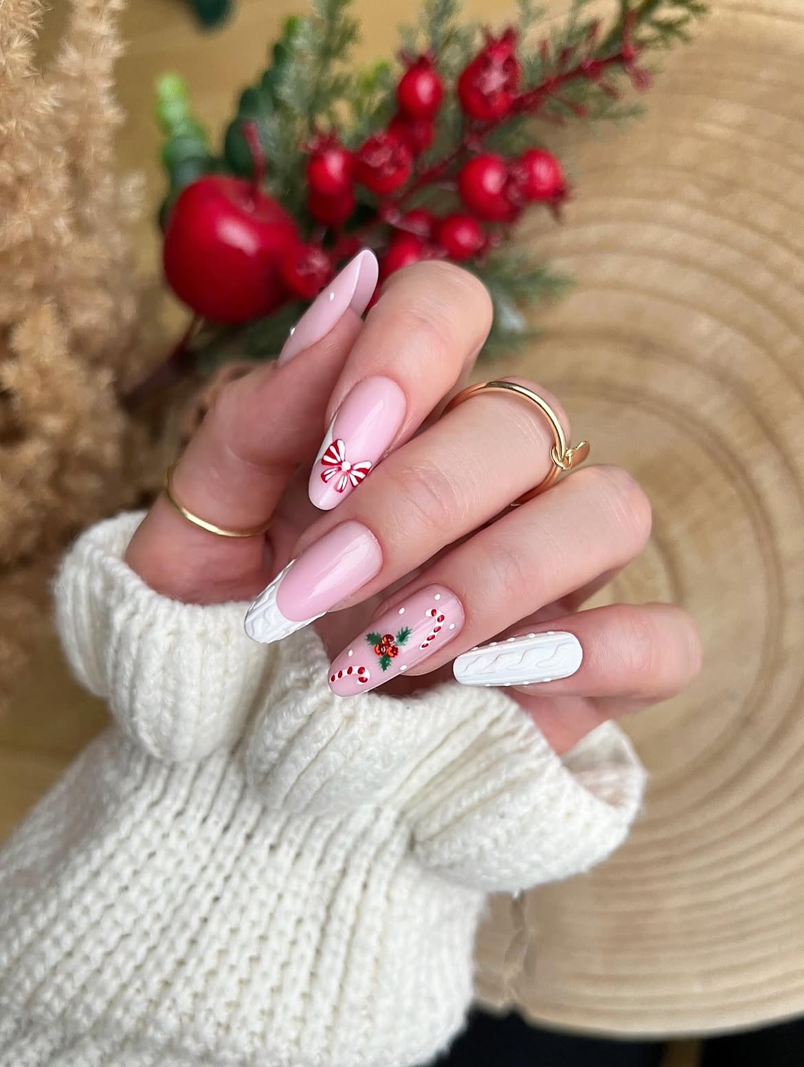 Festive Pink French Candy Cane Holly Nails