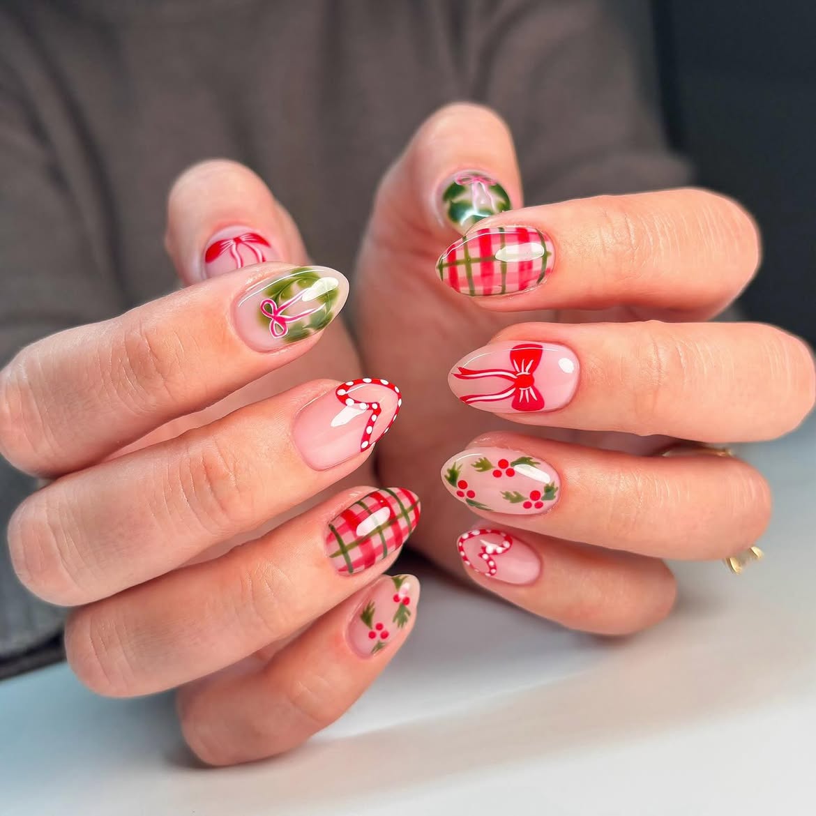 Festive Plaid and Bow Almond Holiday Nails