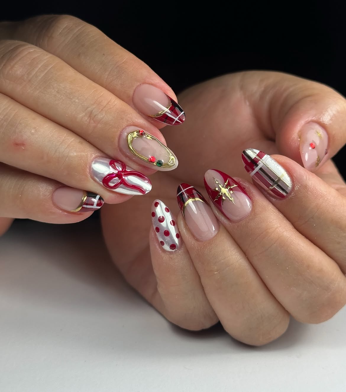 Festive Plaid and Bow Christmas French Tips