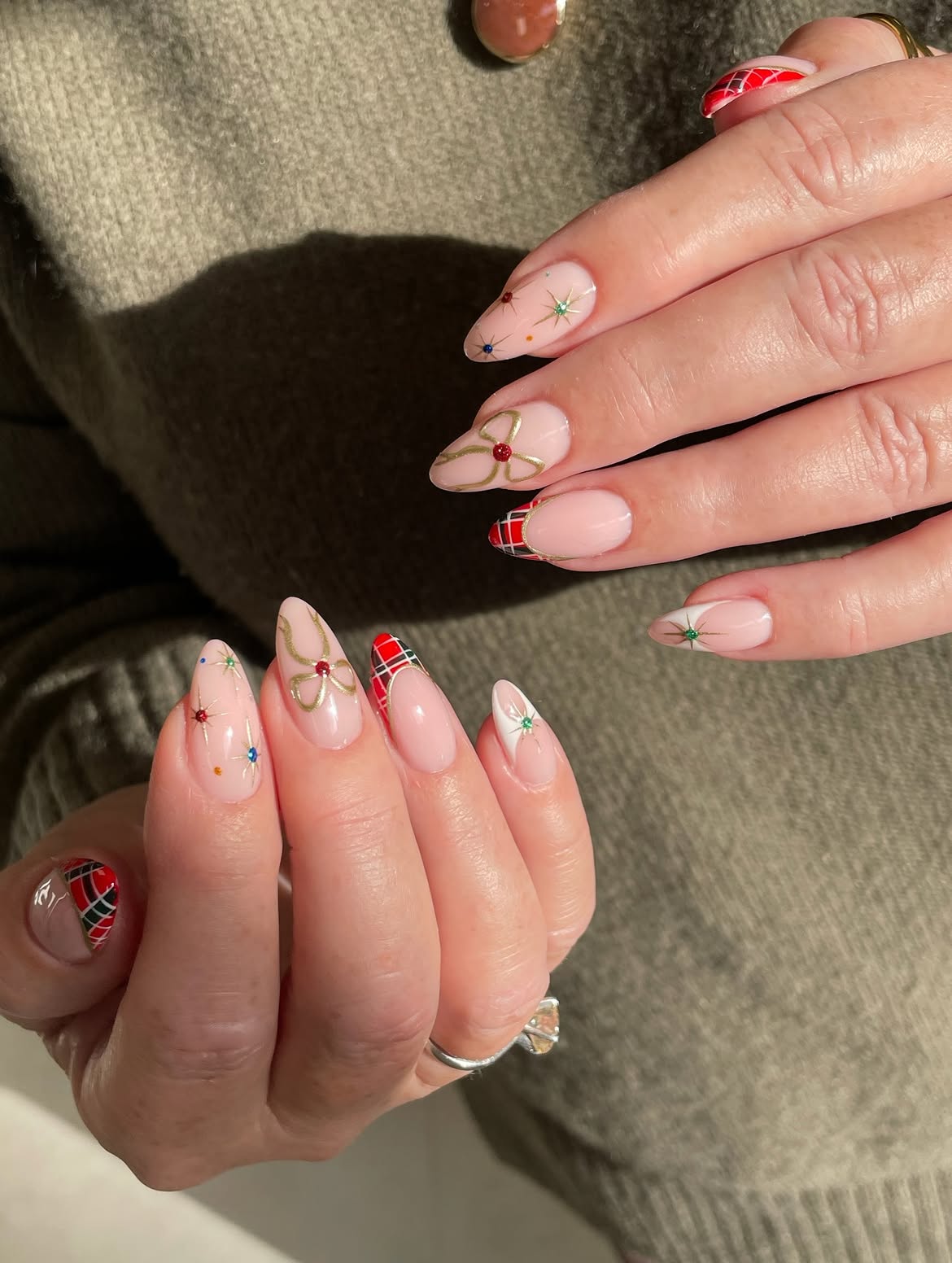 Festive Plaid & Bow Almond French Nails