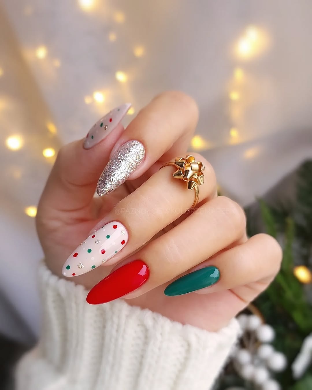 Festive Polka Dot Almond Christmas Nails