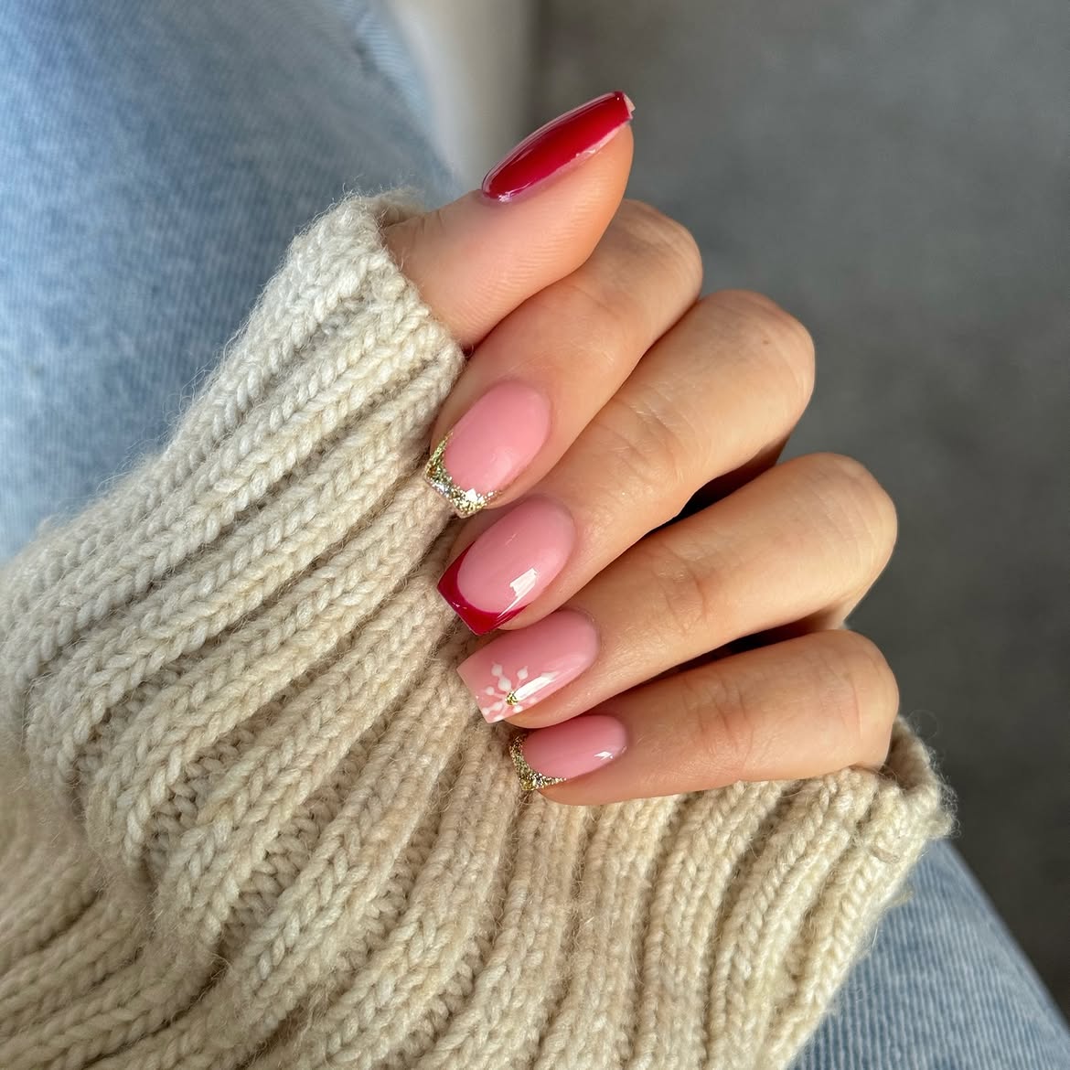 Festive Red And Gold Snowflake Square Nails