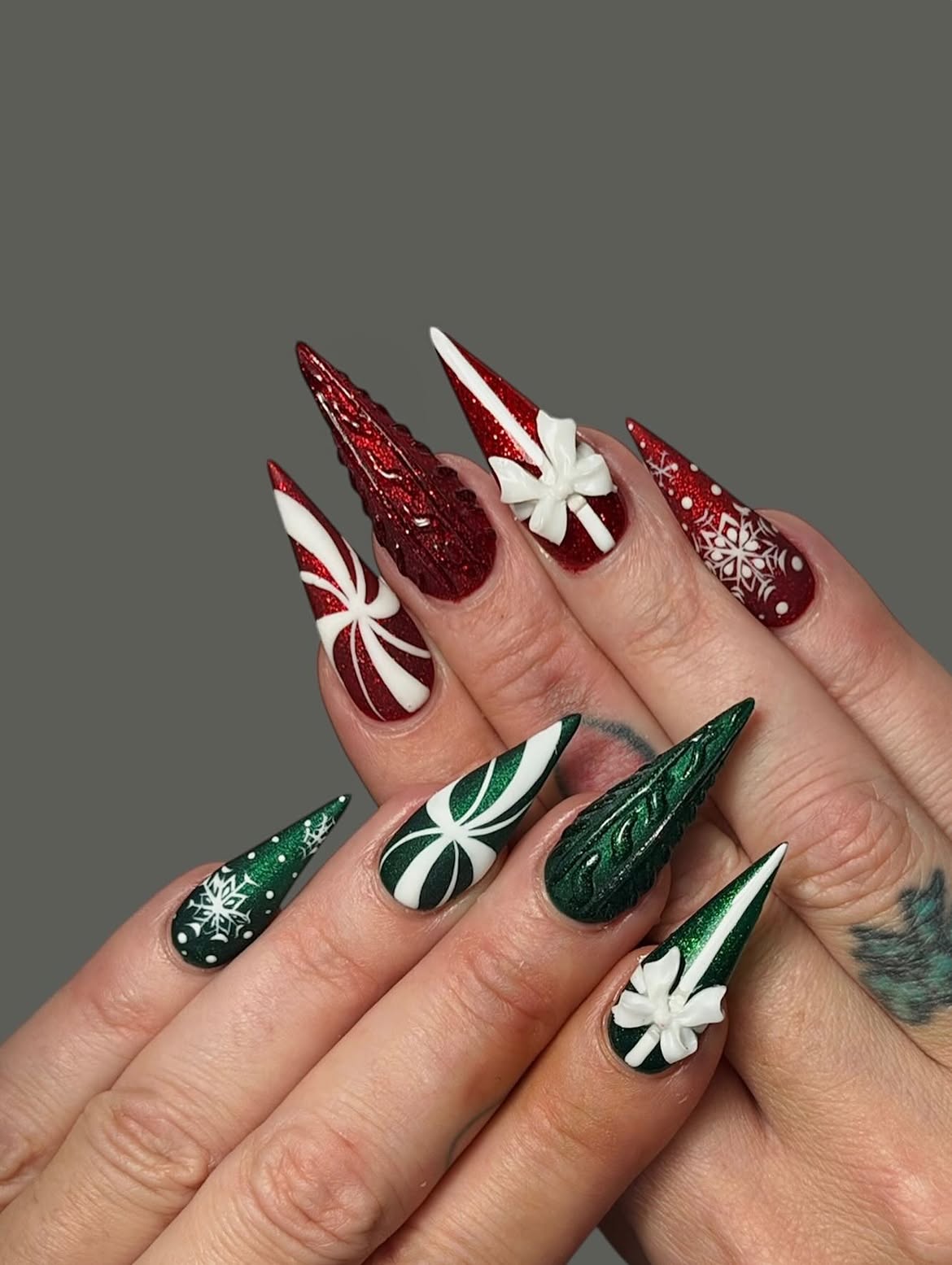 Festive Red and Green Gift Bow Stiletto Nails