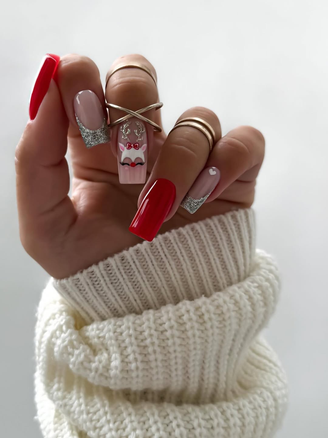 Festive Red and Nude Christmas Reindeer Nails