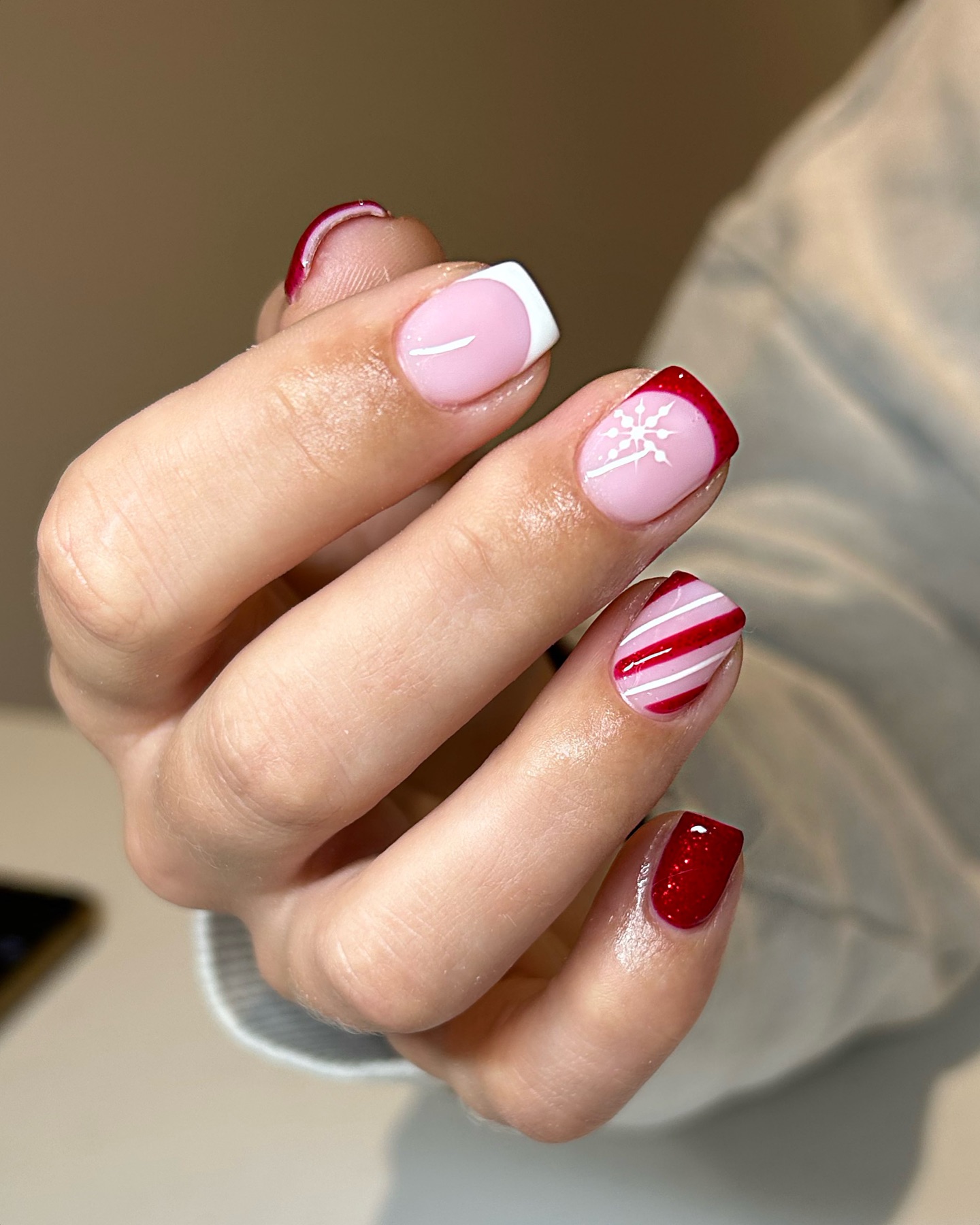 Festive Red and White Snowflake French Tips