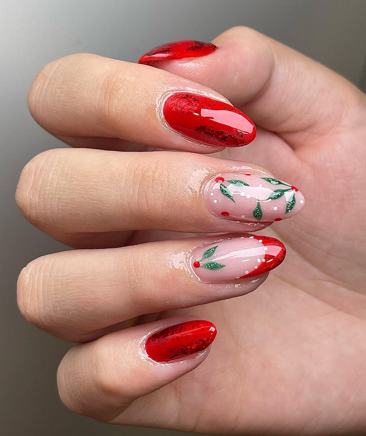 Festive Red & Green Christmas Oval Nails
