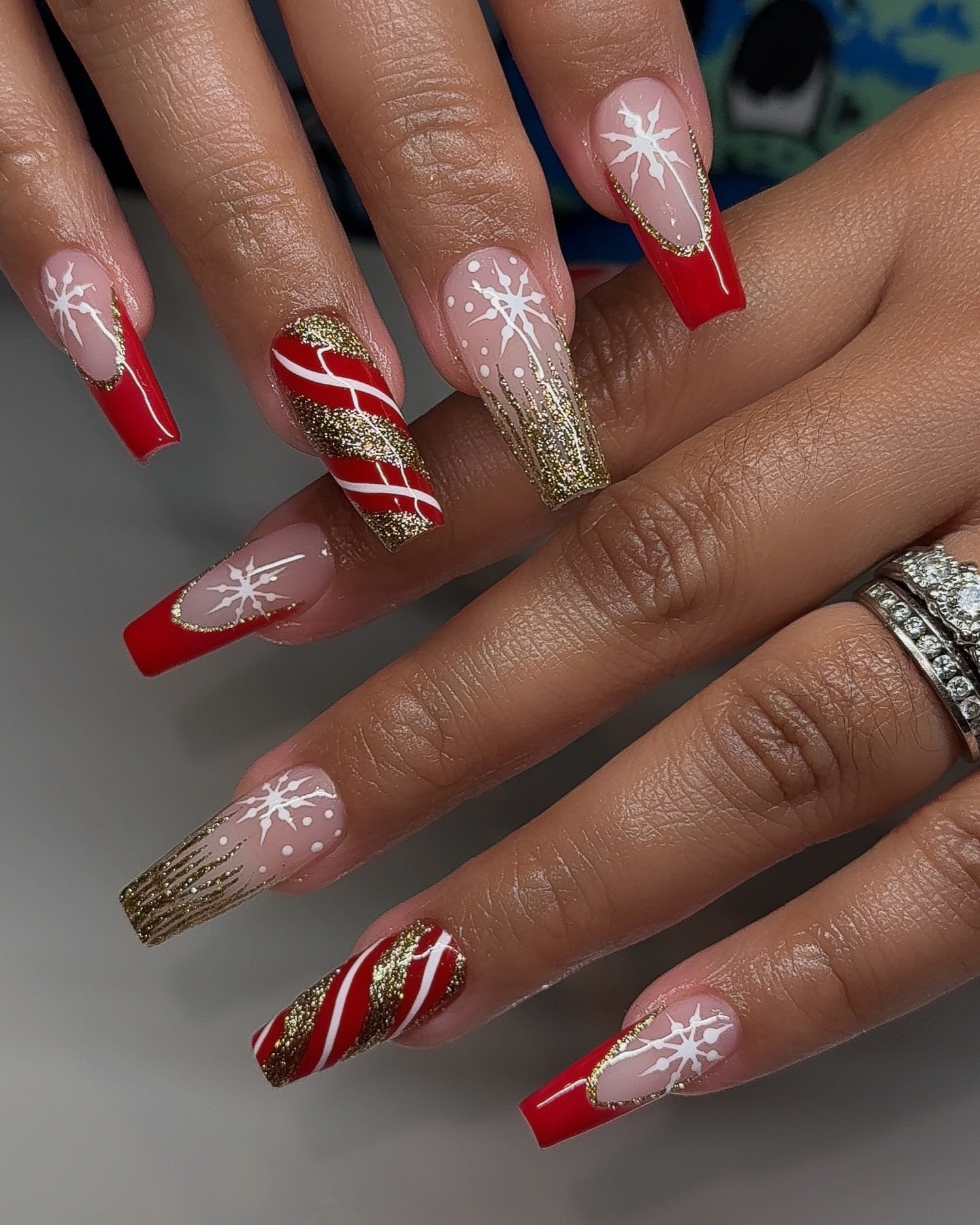 Festive Red Snowflake Coffin Nails