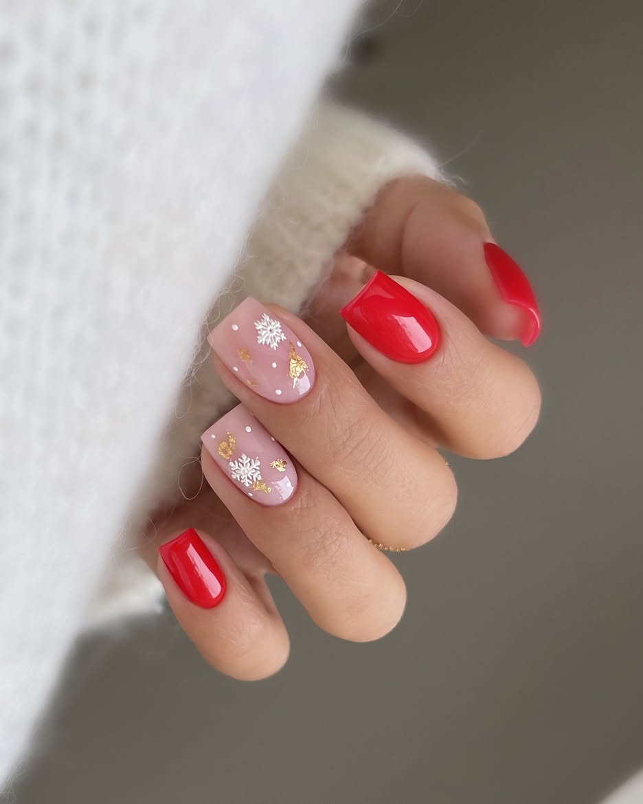 Festive Red & Snowflake French Tips