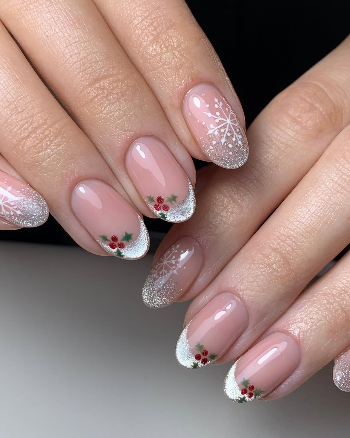 Festive Silver Glitter French Tips With Snowflakes And Holly