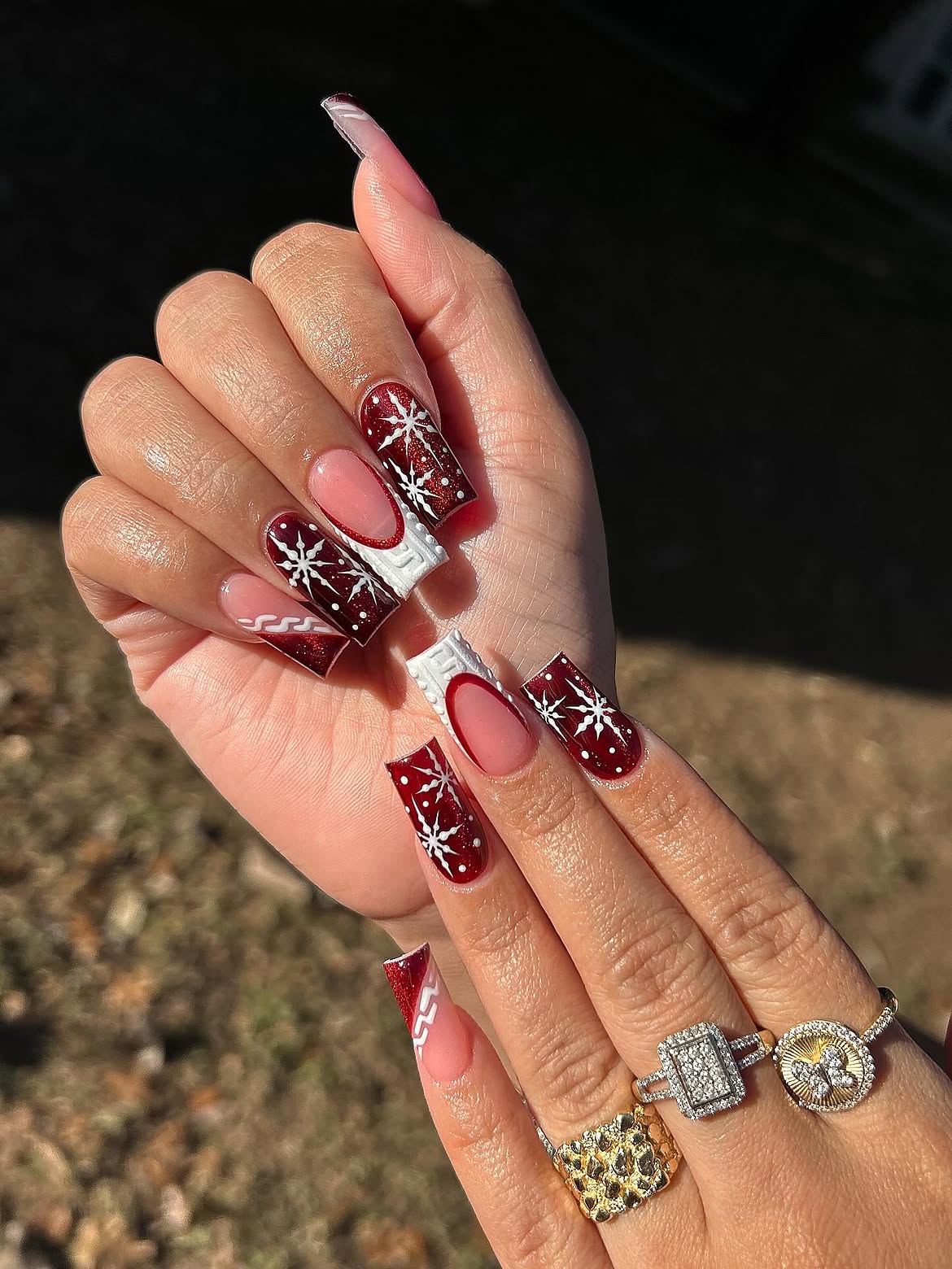 Festive Snowflake French Tip Coffin Nails