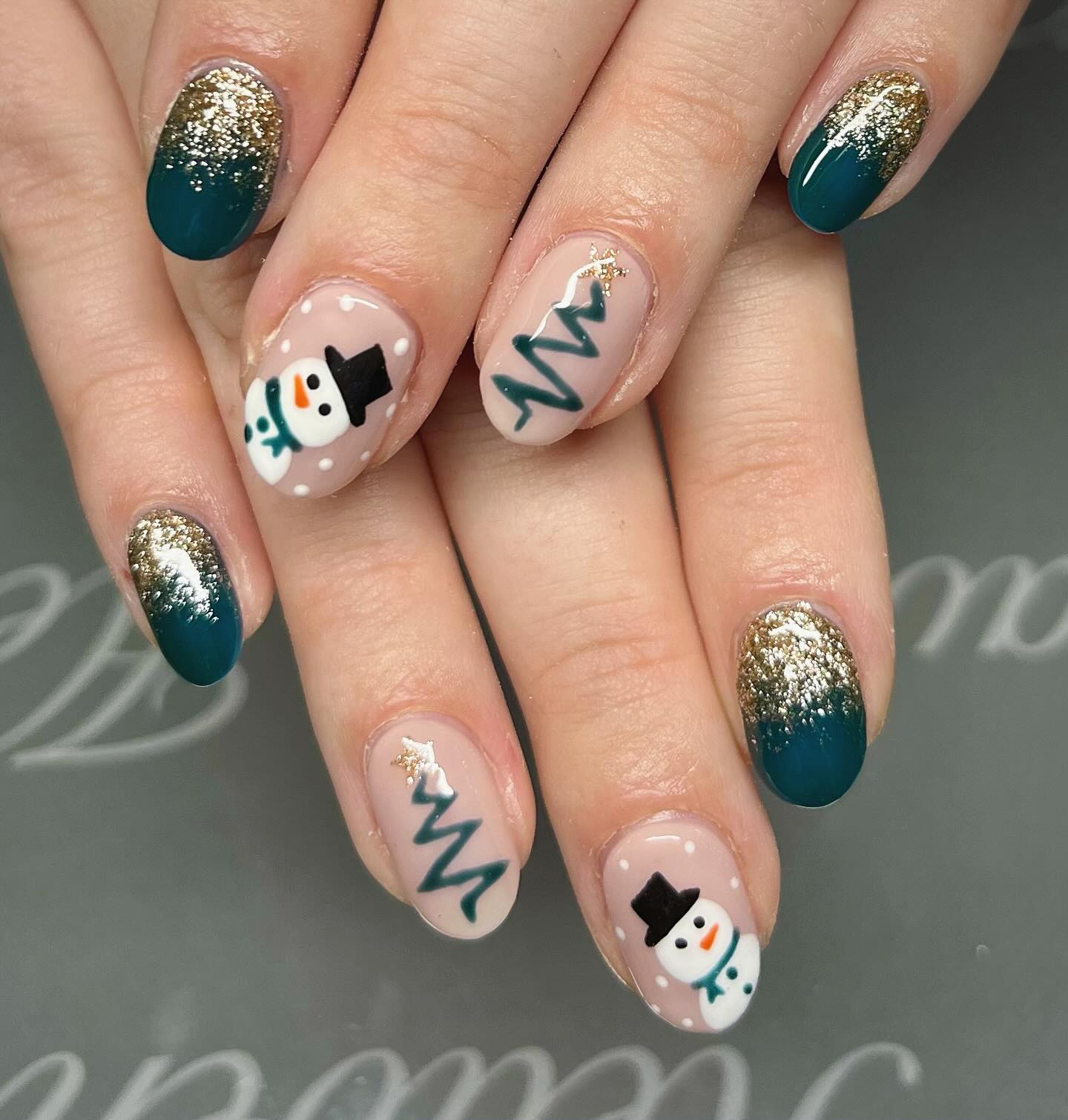 Festive Snowman and Tree Oval Nails