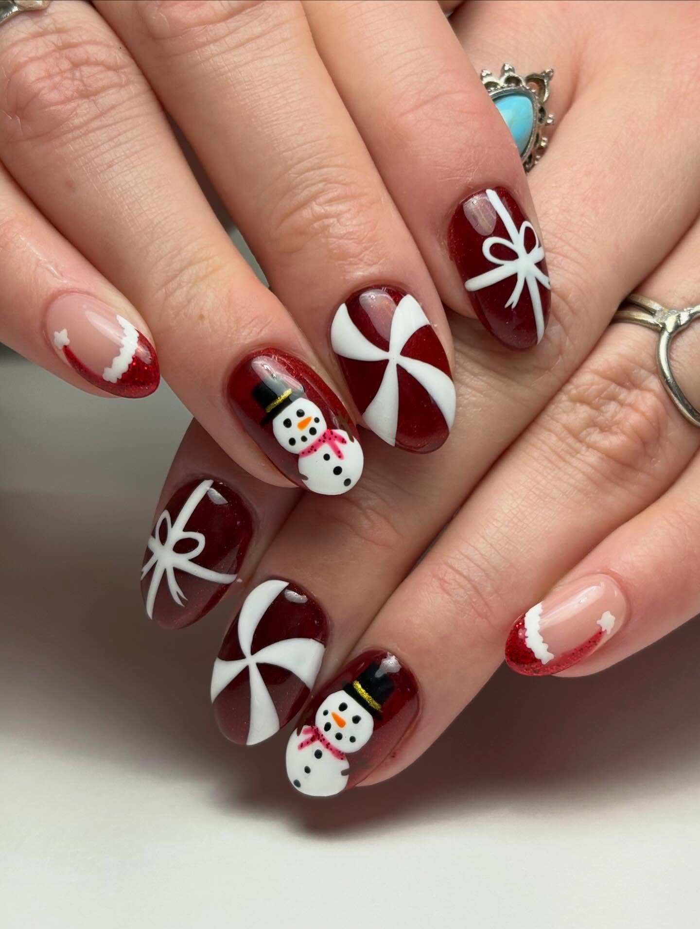 Festive Snowman Candy Cane French Tips