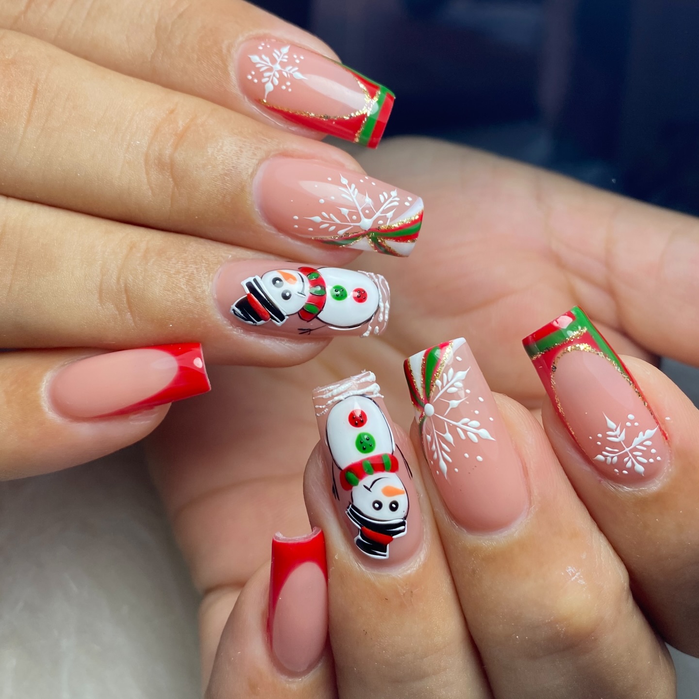 Festive Snowman French Tip Holiday Nails
