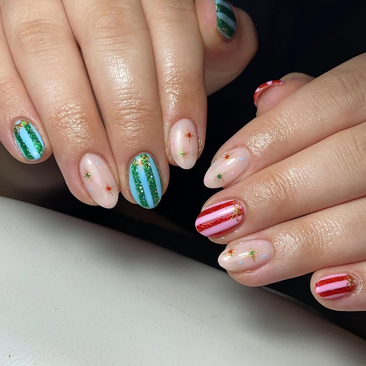 Festive Striped & Starry Short Oval Nails