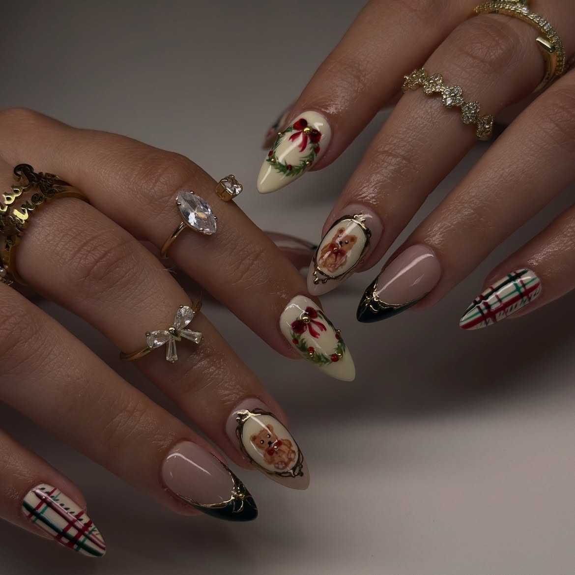 Festive Teddy Bear and Plaid Almond Christmas Nails