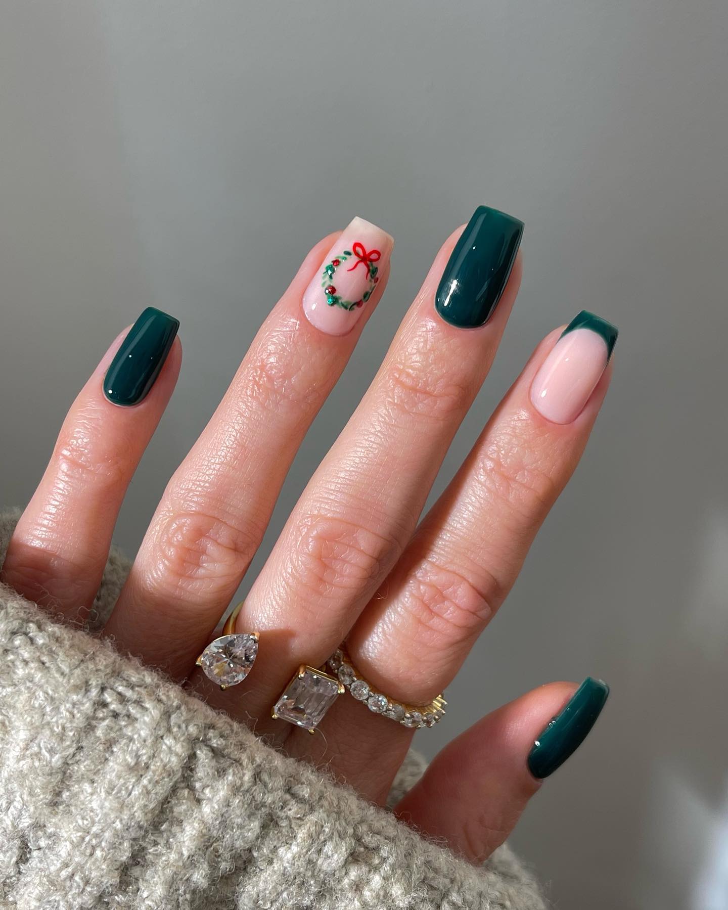Festive Wreath French Tip Square Nails