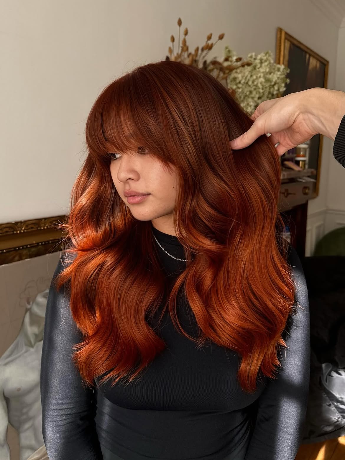 Fiery Copper Waves With Piecey Bangs