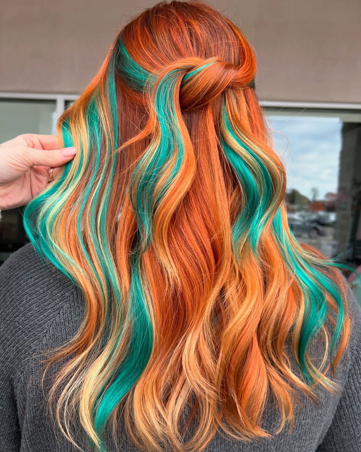 Fiery Copper Waves With Teal Peekaboo Strands