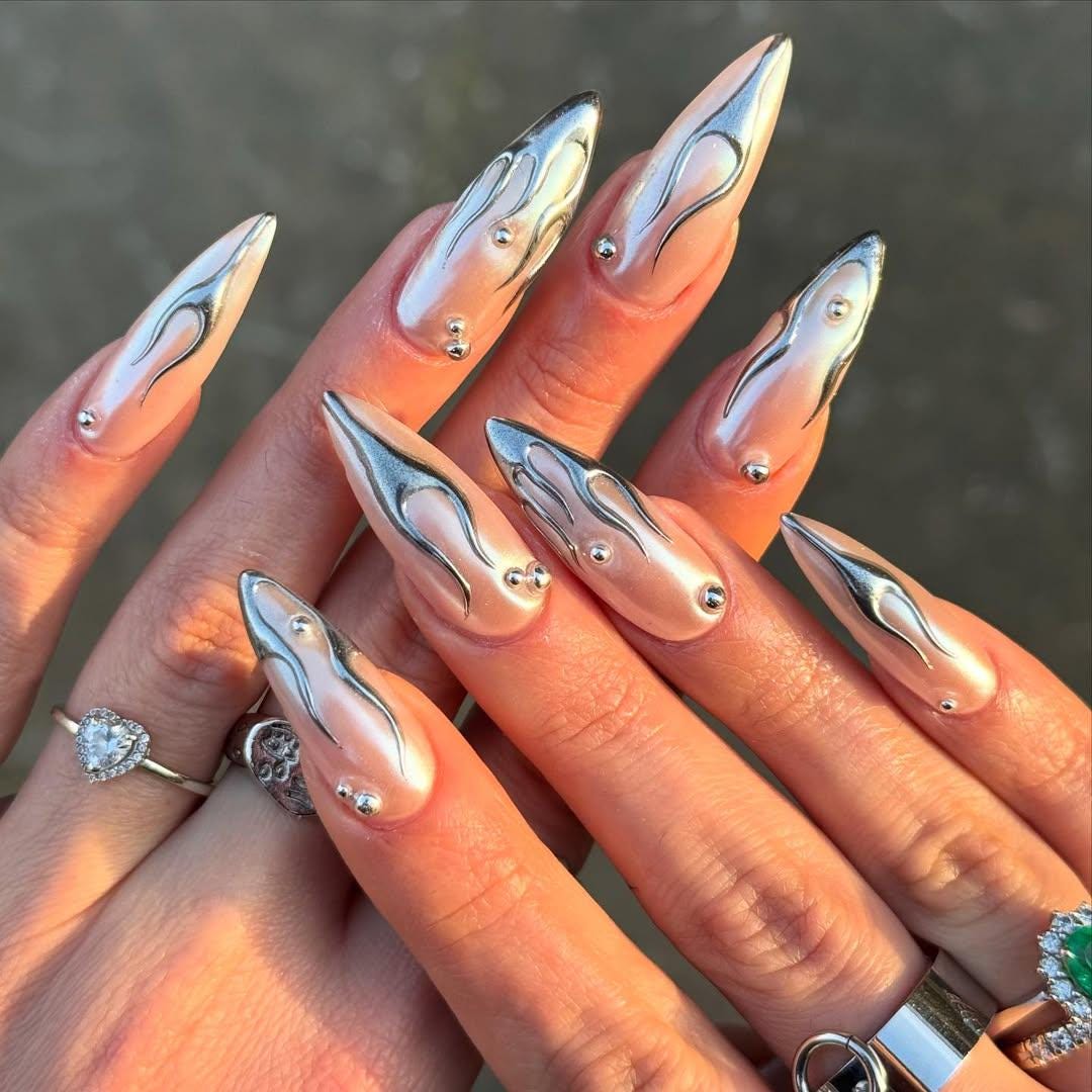 Chrome Silver Flame Stiletto Nails — Flame Nails