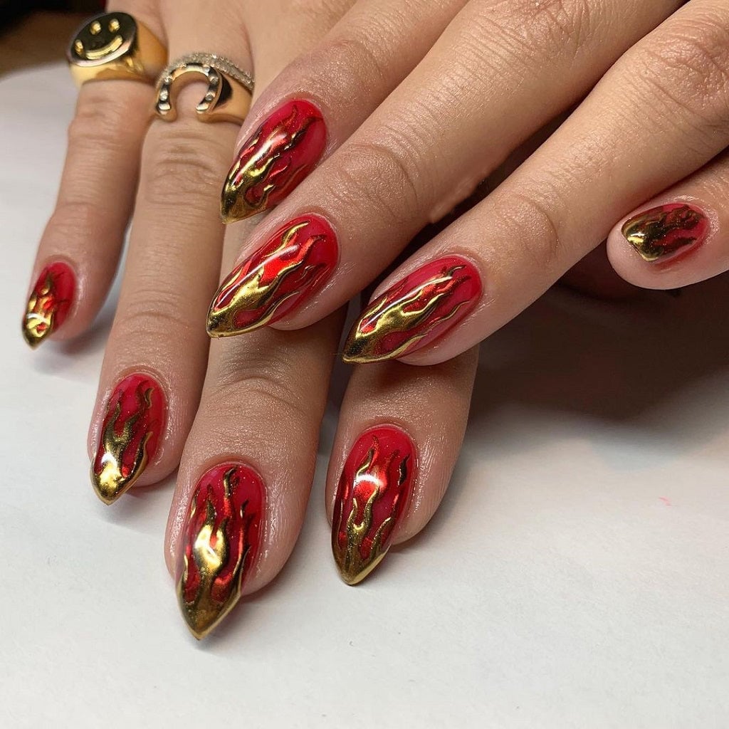 Red Metallic Gold Edge Flame Nails