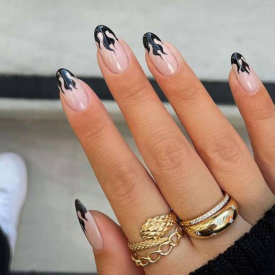 Black Flame Tip Medium Almond Nails — Flame Nails