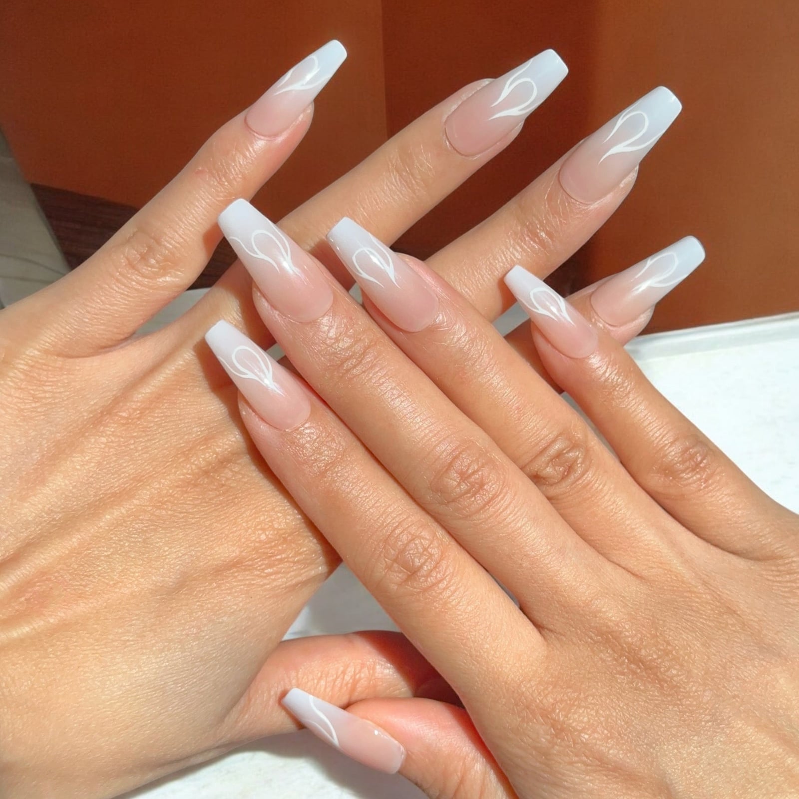 White Flame French Long Coffin Nails — Flame Nails