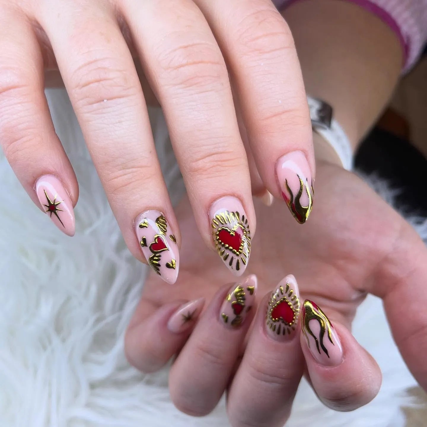 Nude Gold Flame and Heart Accent Nails — Flame Nails