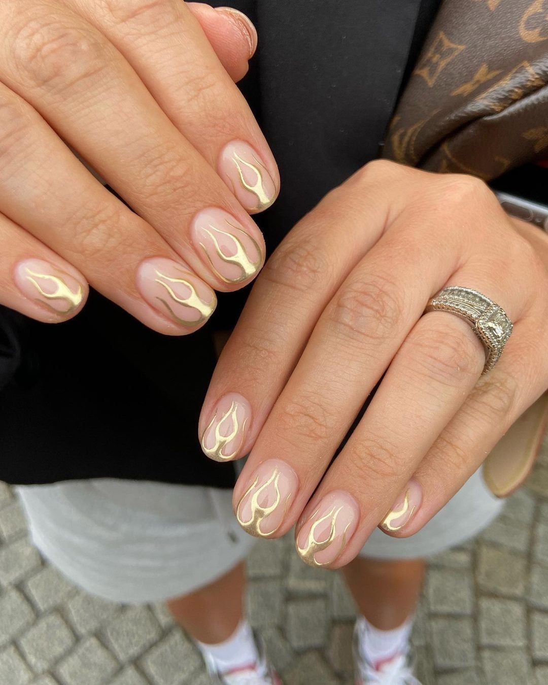 Subtle Gold Flame Short Almond Nails — Flame Nails