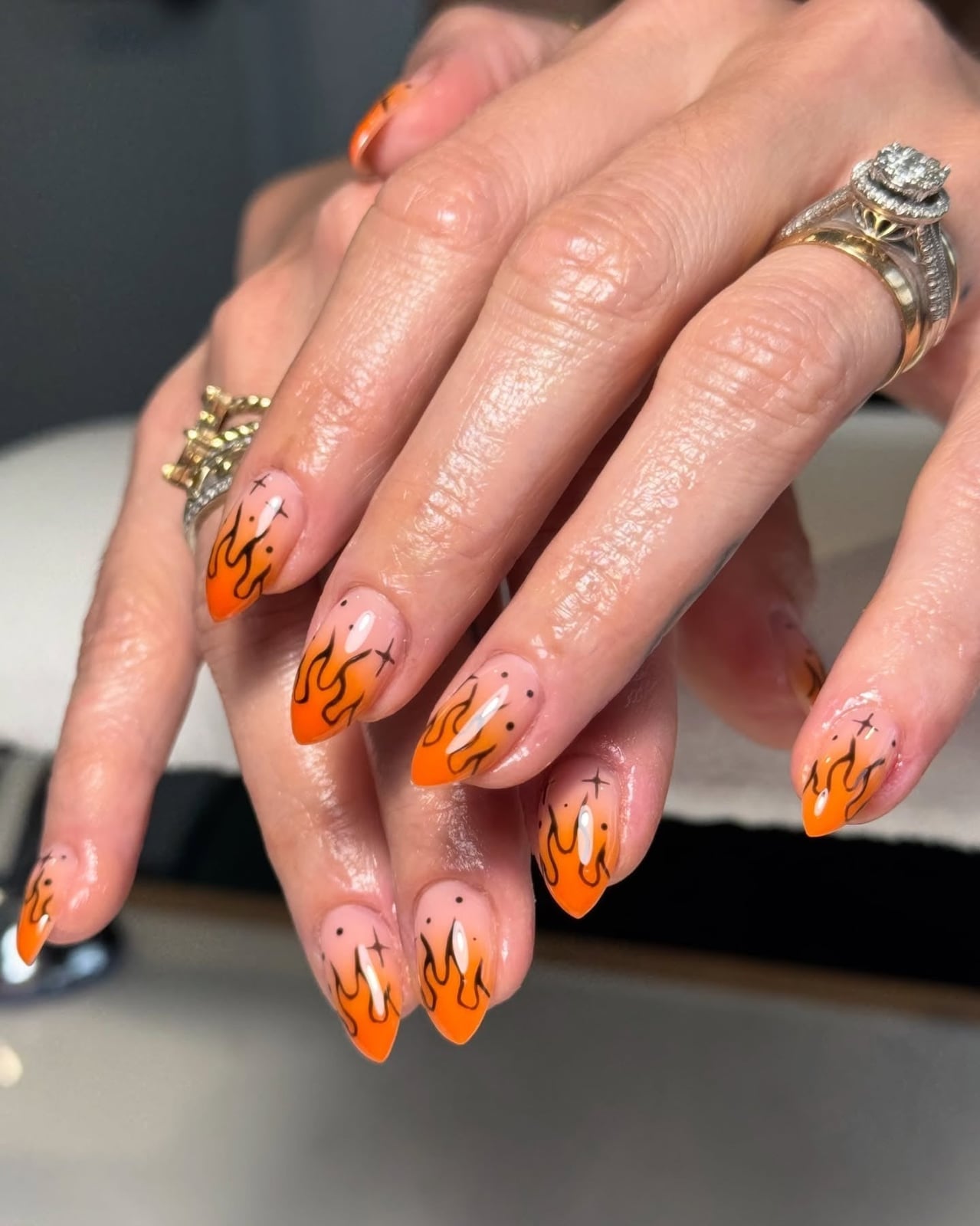 Orange to Black Gradient Flame Almond Nails — Flame Nails