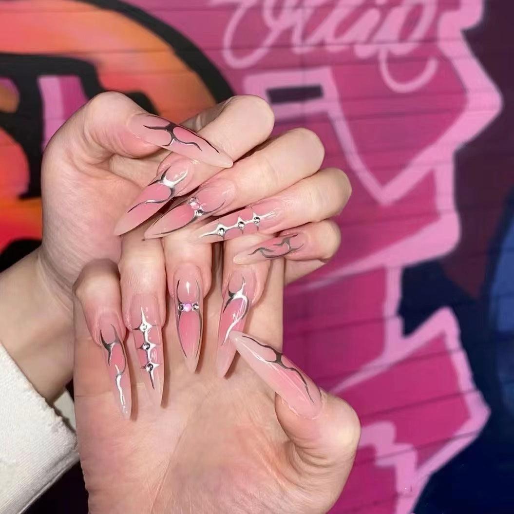Sheer Pink Silver Flame Stiletto Nails — Flame Nails