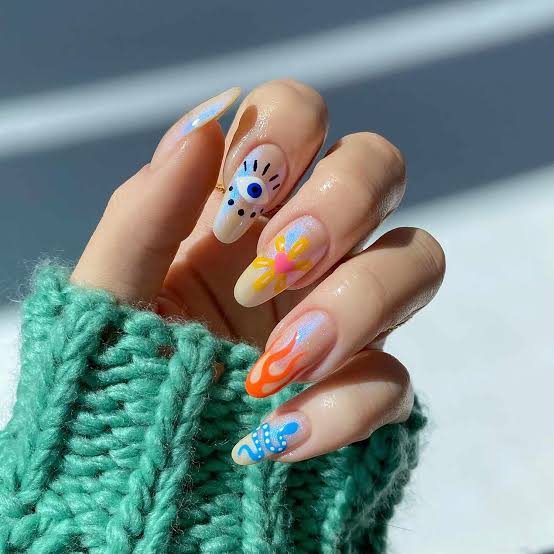 Orange Yellow Flame Shimmer Almond Nails — Flame Nails