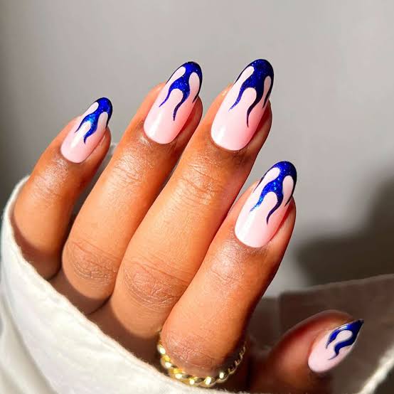 Bright Blue Black Edge Flame Oval Nails — Flame Nails