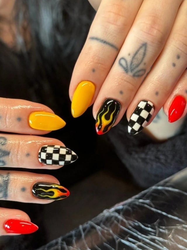 Yellow Red Black White Checkerboard Flame Nails