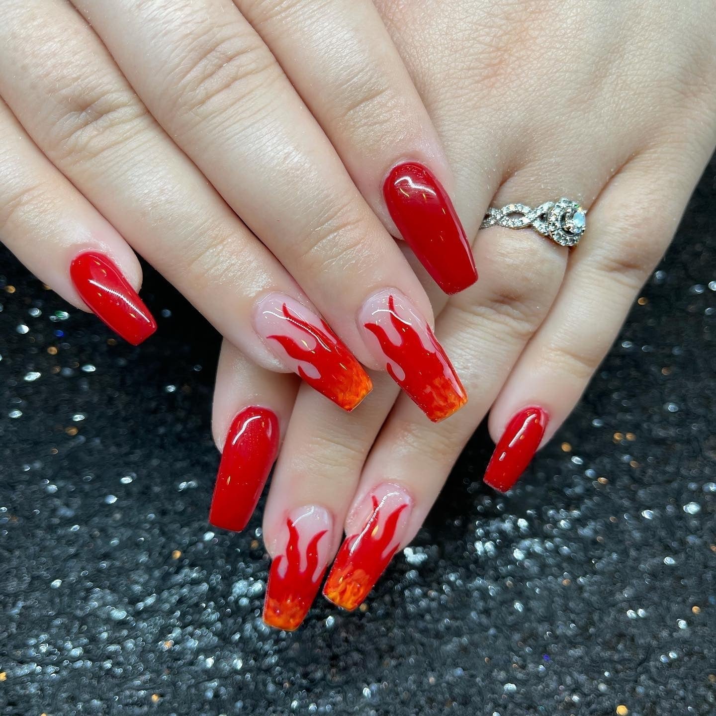 Vibrant Red Orange Gradient Coffin Nails — Flame Nails
