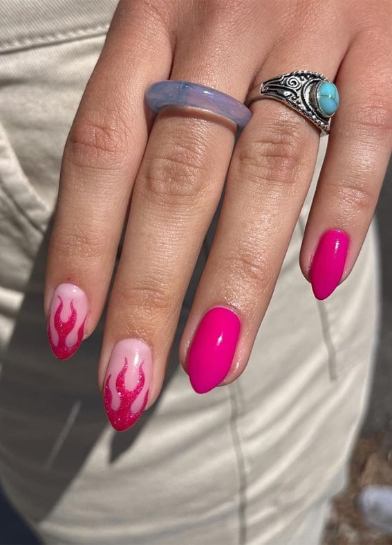 Hot Pink Flame Accent Short Oval Nails — Flame Nails