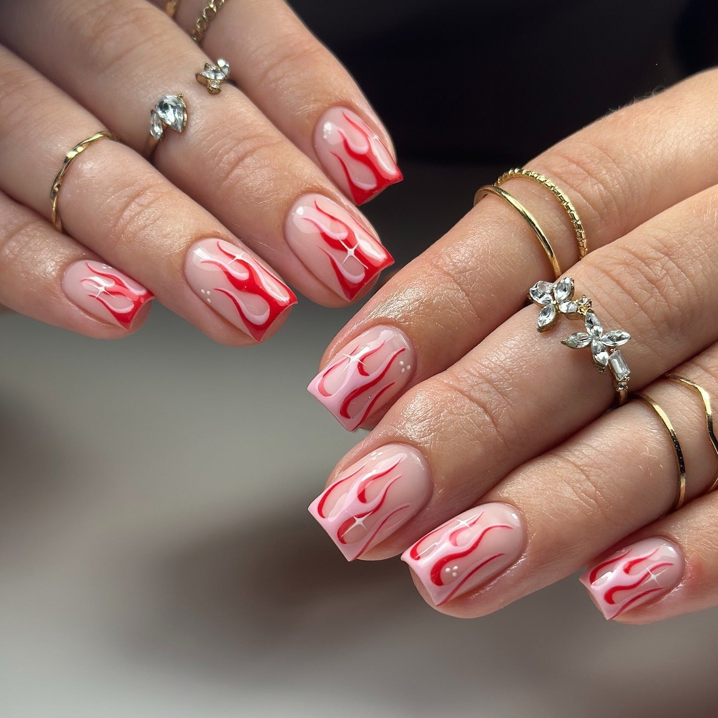 Red Flame Motif Short Square Nails — Flame Nails