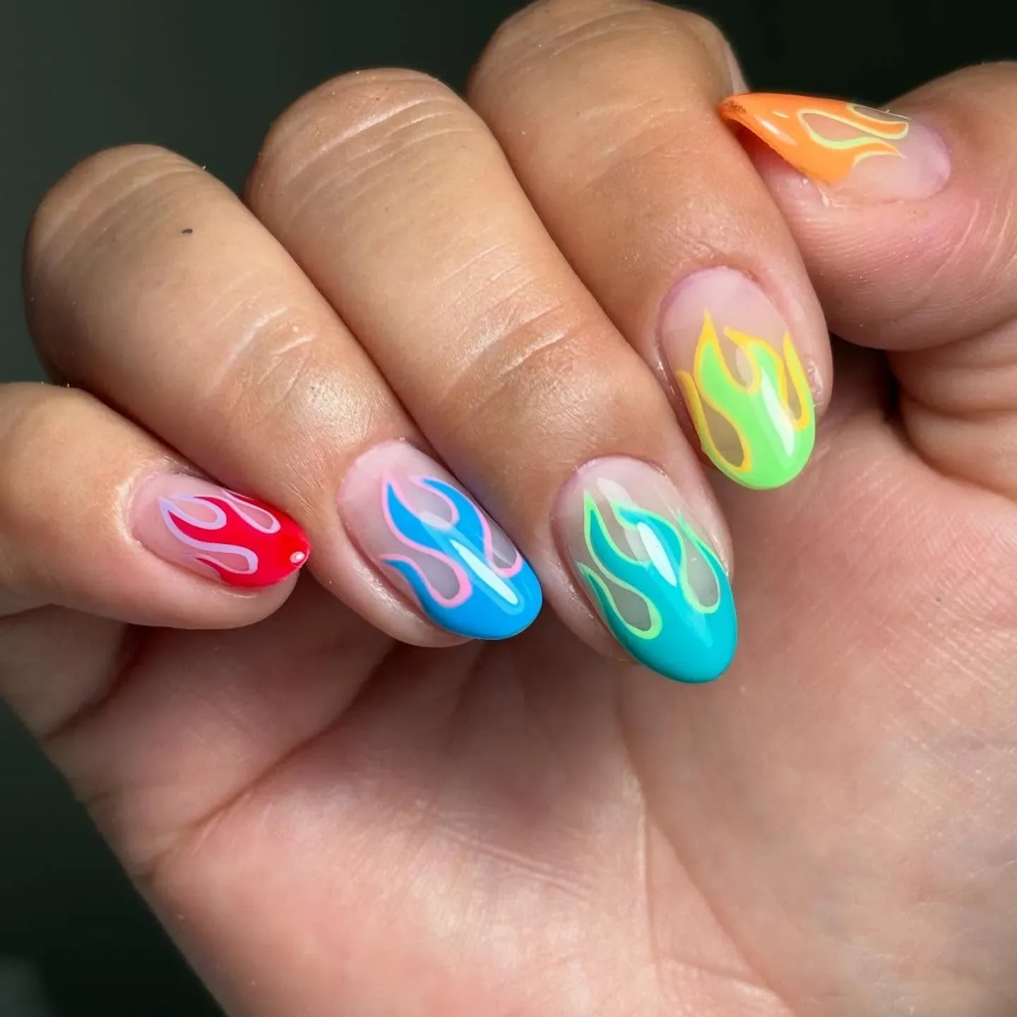 Multicolored Short Oval Flame Nails