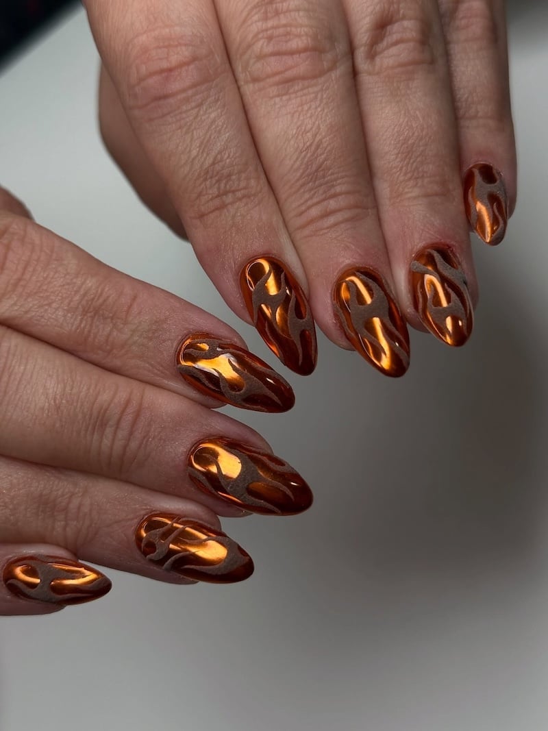 Burnt Orange Chrome Matte Flame Nails