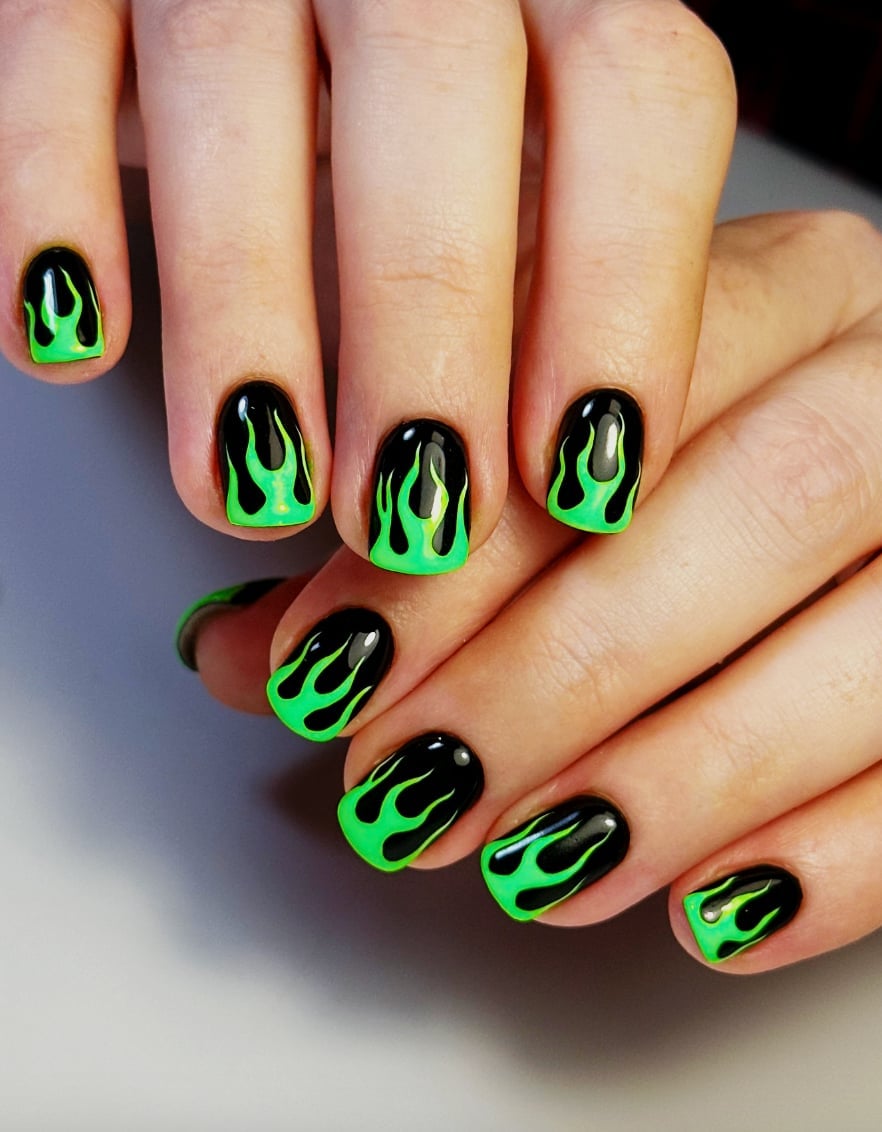 Neon Green Flame Short Oval Nails — Flame Nails