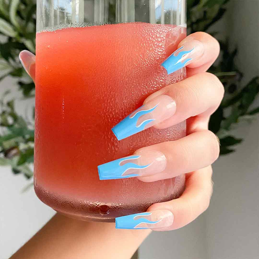 Blue and White Flame Extra Long Coffin Nails — Flame Nails