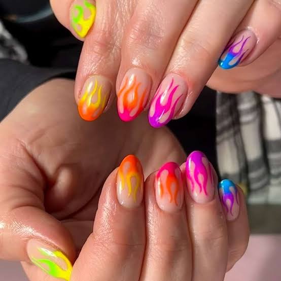 Neon Gradient Short Almond Flame Nails