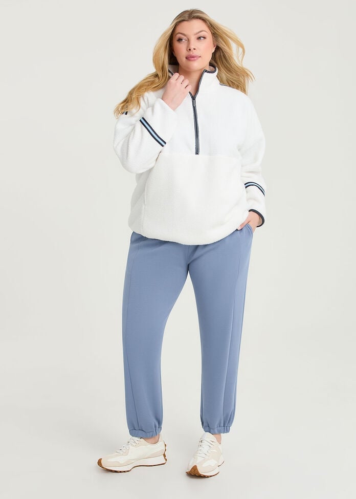 White Sherpa Fleece Half-Zip with Blue Sweatpants, Close-Up Take — Fleece Outfits