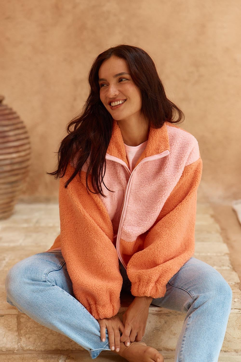 Pink and Orange Color-Block Fleece Jacket, Close-Up Take — Fleece Outfits