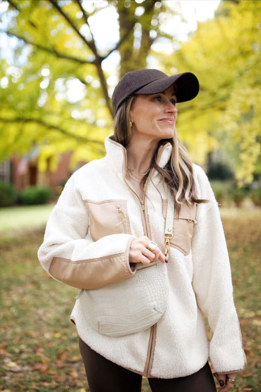 Cream Fleece Jacket with Faux Leather Panels, Close-Up Take — Fleece Outfits