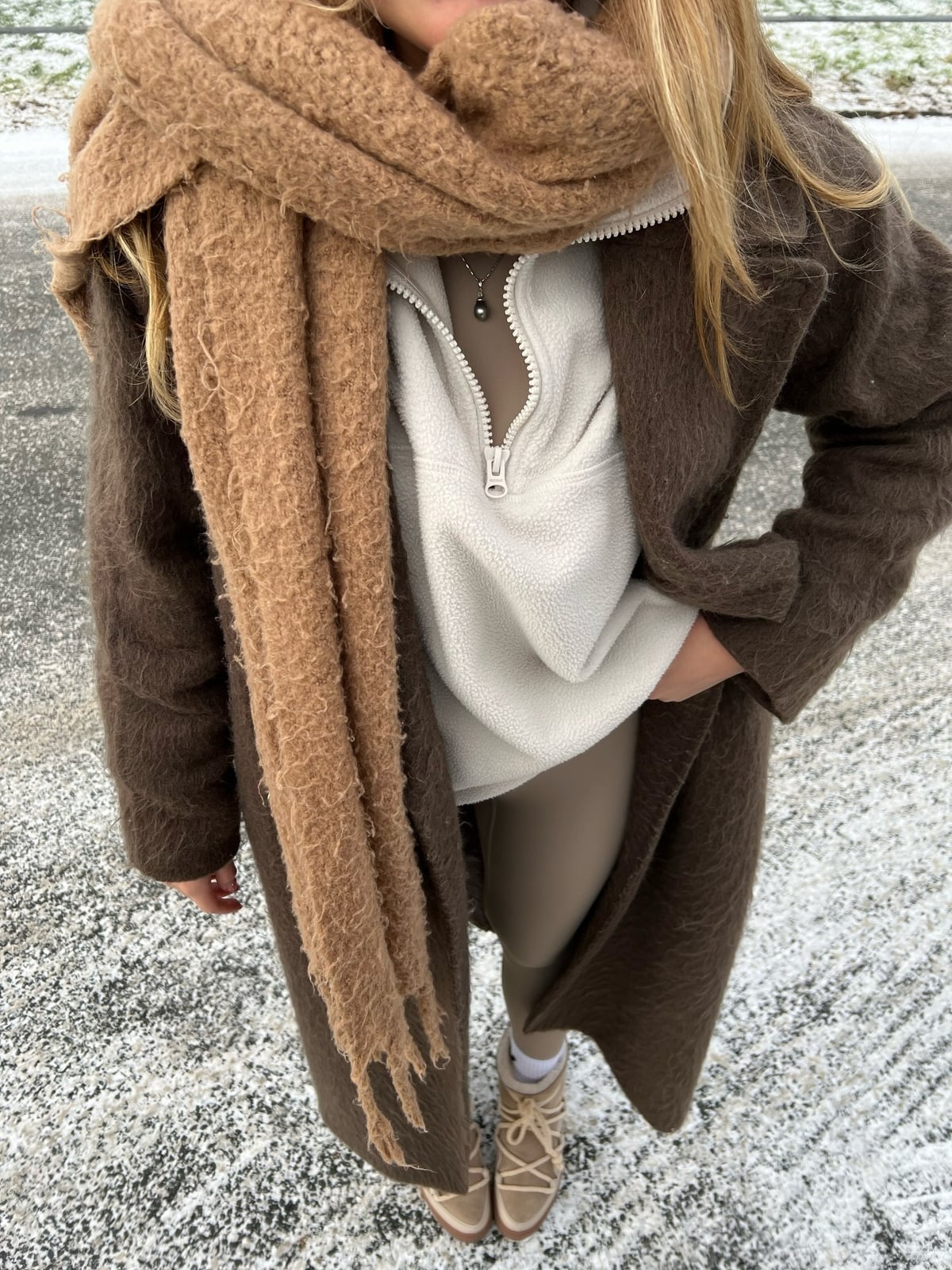 Fuzzy Brown Coat Over Fleece with Scarf and Lace-Up Sneakers — Fleece Outfits